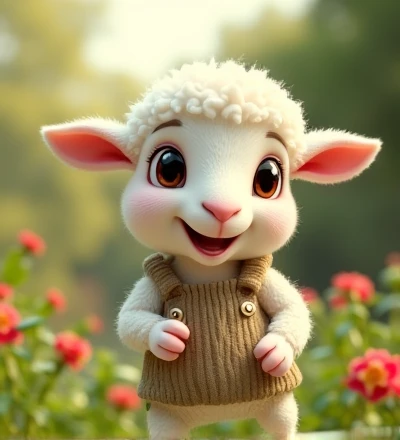 Imagine a lifelike little lamb with humorously exaggerated features, oversized, dressed in cute clothes, bright eyes and curiosity, smiling, frontal image, smiling bunny, Disney style, capturing natural textures, although its little paws are slightly larger, they are even cuter. The background is a simple garden, with a focus on natural colors and some green plants, creating bright colors and white lambs