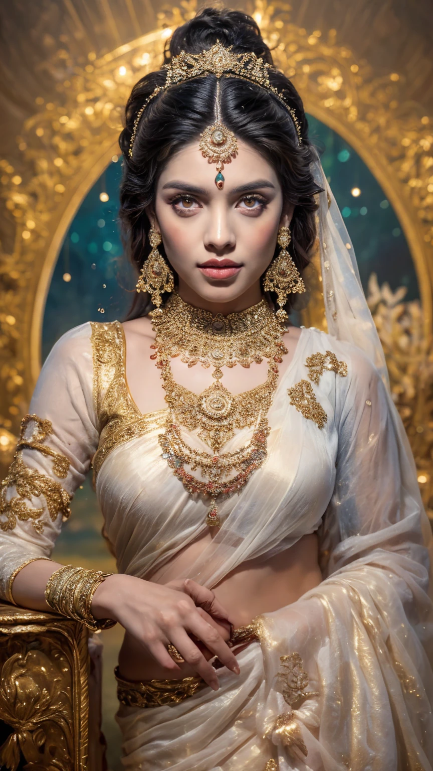 ((Best quality, 8k, Masterpiece :1.3)), Sharp focus :1.2, Generate a realistic image of a beautiful young and attractive body beautiful sexy Indian woman plus size body: 8.5 dressed in a white Kasava saree, adorned with traditional ornaments, standing in a well-lit room with cinematic lighting. ((Front view, random elegant pose)), and there is a sense of grace and elegance in her posture. The background should complement the scene, enhancing the overall aesthetic appeal of the image. Photography by Brandon Woelfel, Full shot: Canon EF 16-35mm f/2.8L III USM lens on a Canon EOS 9D Mark IV camera, ultra realistic, 64k, HD