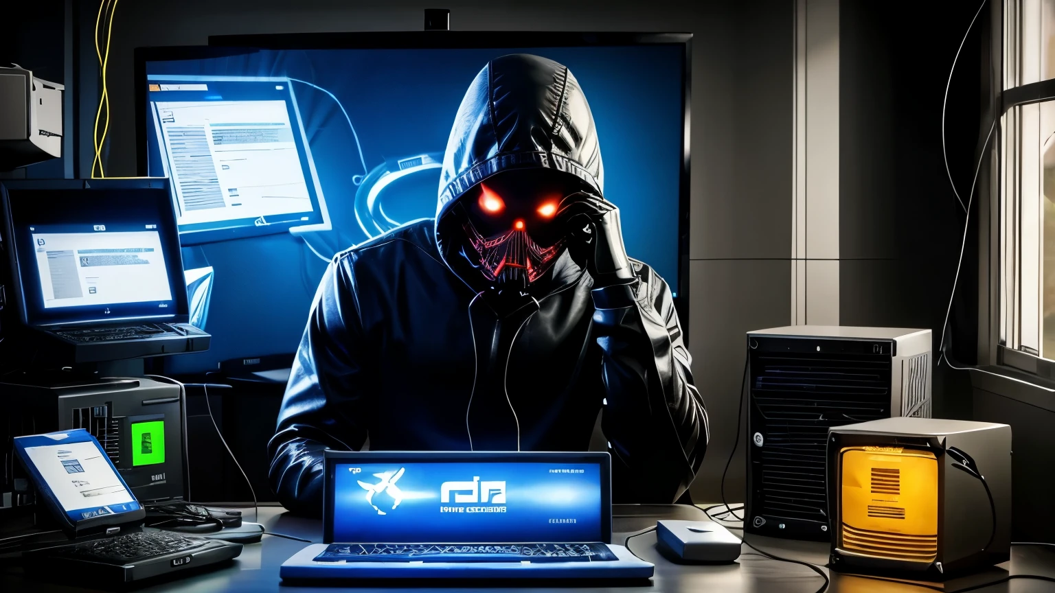 many computer are attacking one single computer, via wires, bugs are coming from the wire to the infected computer and making it dangerous. All the computers are trying to hack the computer