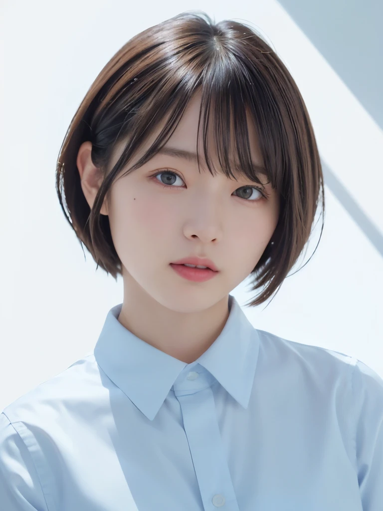Very cute one、、short hair、Gray Hair、reduce hair volume、White-blue background、Upper Body、(head shot:1.5)、Eyes focus、Collared shirt、Laughter、、(8k、RAW Photos、Highest quality、masterpiece:1.2)、(Realistic、Realistic:1.3)、Hmph、The depth of the written world、Wide Light、High Contrast、(Shine:1.4)、chromatic aberration、Sharp focus、Raw color photography、Cinema Lighting、8k解像度、
