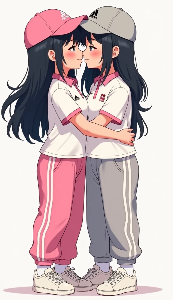 Two girls long black hairs, yuri

The first girl wear a white adidas polo shirt pink shirt collar pink sleeves, pink cap, pink adidas sweatpants with three white stripes, black underpants, medium white socks, white sneakers.

The second girl wore a white adidas polo shirt grey shirt collar grey sleeves, grey cap, grey adidas sweatpants with three white stripes, black underpants, medium white socks, white sneakers.

The hem of their adidas polo shirts was tucked into their sweatpants.

hugging, smiled, cheeks stuck together, novel cartoon, 4K, HD