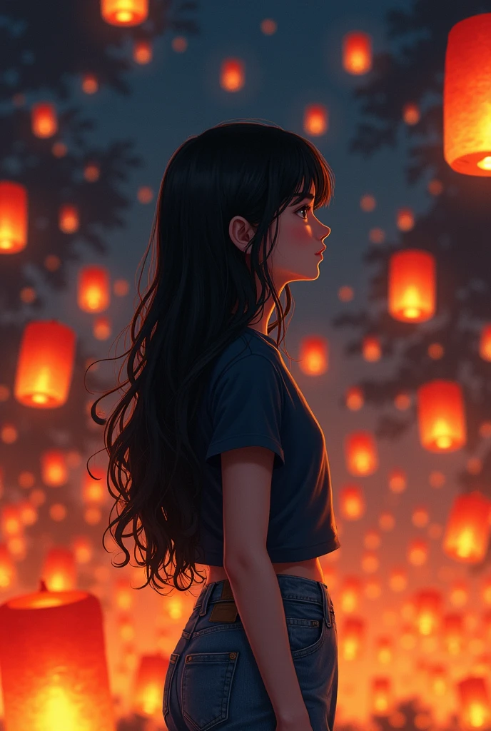 Girl , 163 height , 57 kg healthy , long black hair, blue loose jeans , dark blue t-shirt , at night in the dark in china there are lanterns burning all around , Small eyes, looks at the lanterns mysteriously