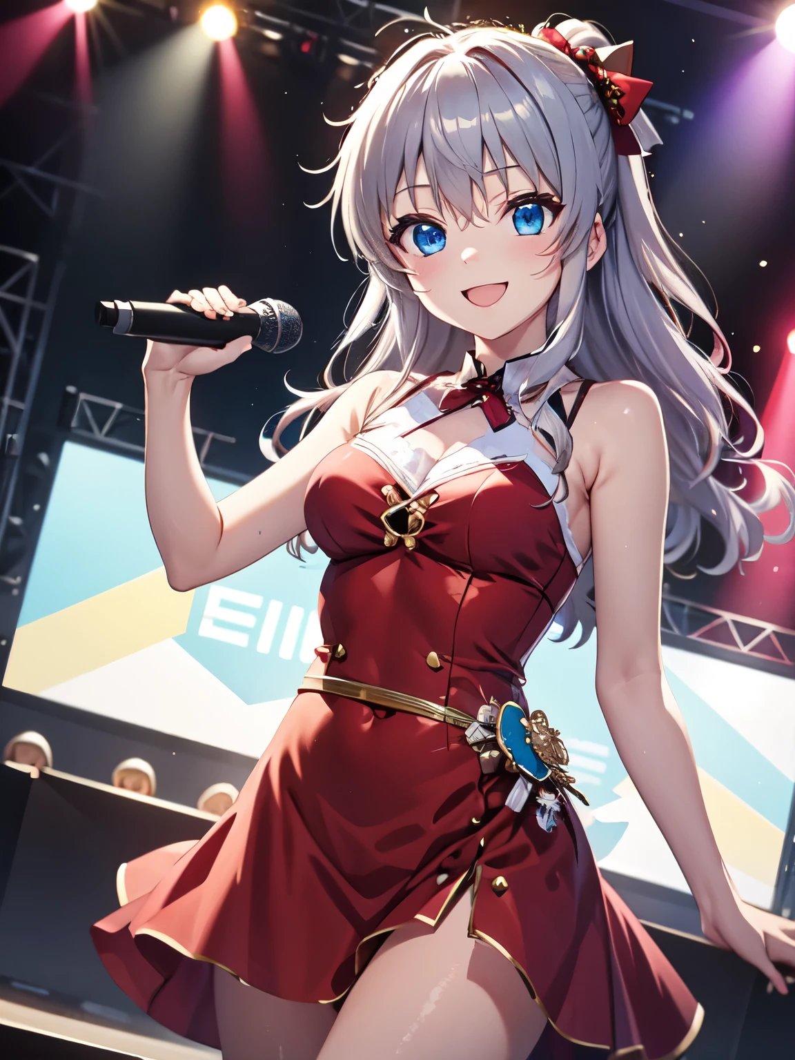 masterpiece, Highest quality:1.2, 1. One person、solo,nao.Tomori,Blue eyes,Silver Hair、Beautiful attractive eyes、garden、(Idol Costumes、dress:1.2), stage、Microphone in hand、 live, sing,Have a mic、Suka-to lift up、(dance:1.3)、smile