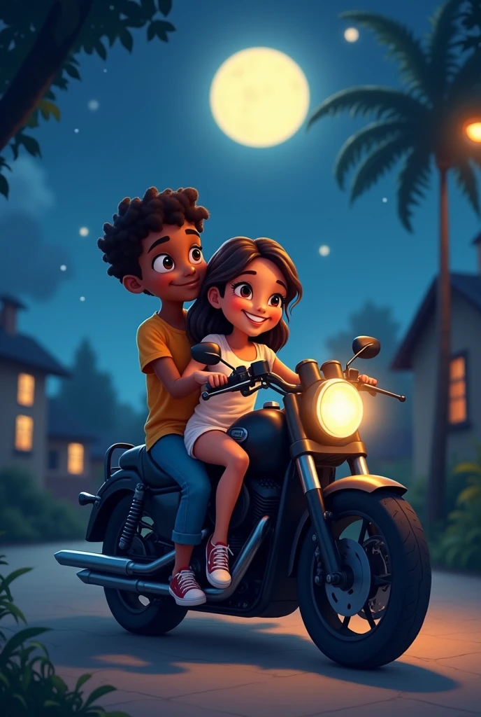 Generate a cartoon image of a dark-skinned boy hugging a brown-skinned girl from behind, The girl is sitting on a black motorcycle and the boy is standing behind the girl, The girl hugs the boy by the arms that cover his neck and looking at the moon, dark place there are few houses.