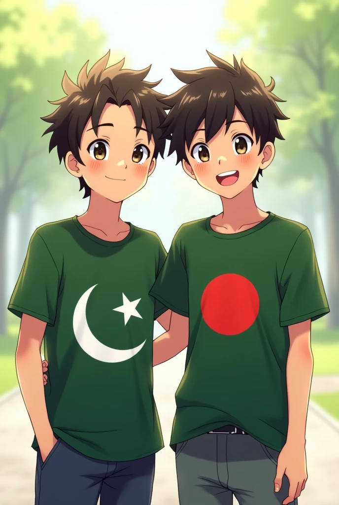 Anime Two boy friends wearing t-shirts of Pakistan and Bangladesh are looking at the camera together, the background is good
