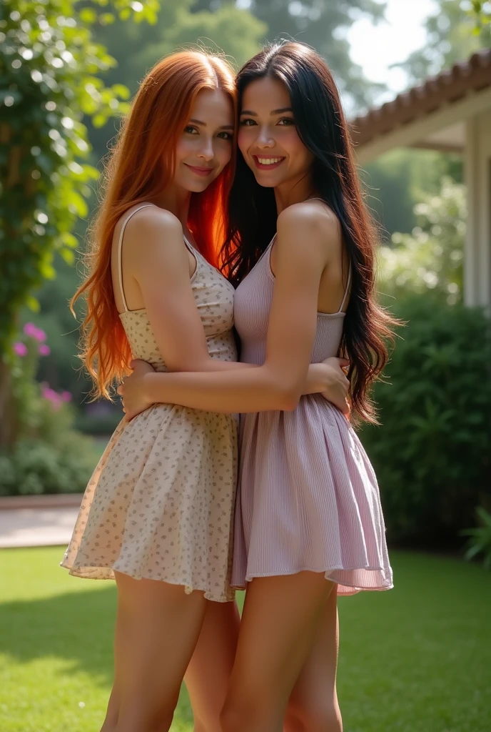 ultra realistic, photography, two women: one with long straight red hair, 30 years old, hourglass figure, perfect body, natural medium breasts, the other one: long black hair, 30 years old, slightly tanned skin, hourglass figure, perfect fit body, natural big breasts, they both have perfect round cleavage, they are standing in a backyard, they hug each other tightly and smile, both wear a colourful sheer summerdress, long legs, sexy legs, they are best friends, full body picture, full body, barefoot