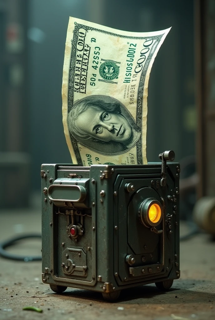 A small suspicious fedral reserve bank structure machine, from one side big half 100 dollar note coming from it and half of note is inside fedral reserve bank and half is outside.