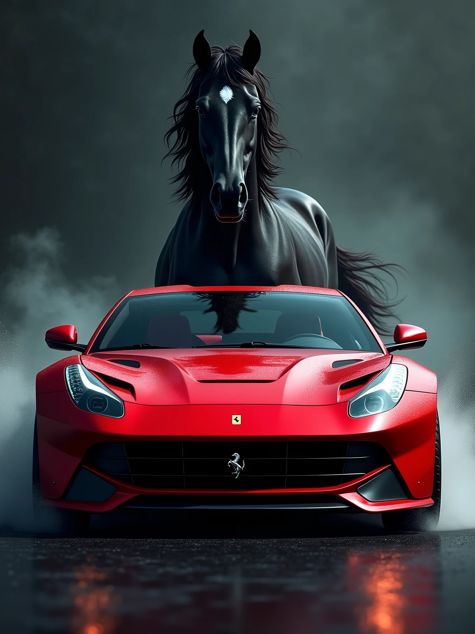 A stunning of a sleek red Ferrari f12 berlinetta car, speeding towards the viewer with its engine roaring. The car is positioned in front of a majestic black horse, its mane and tail flowing in the wind. The background is dark and mysterious, with a touch of surrealism. The overall composition creates a sense of power, speed, and the fusion of modern technology with classic equine beauty.