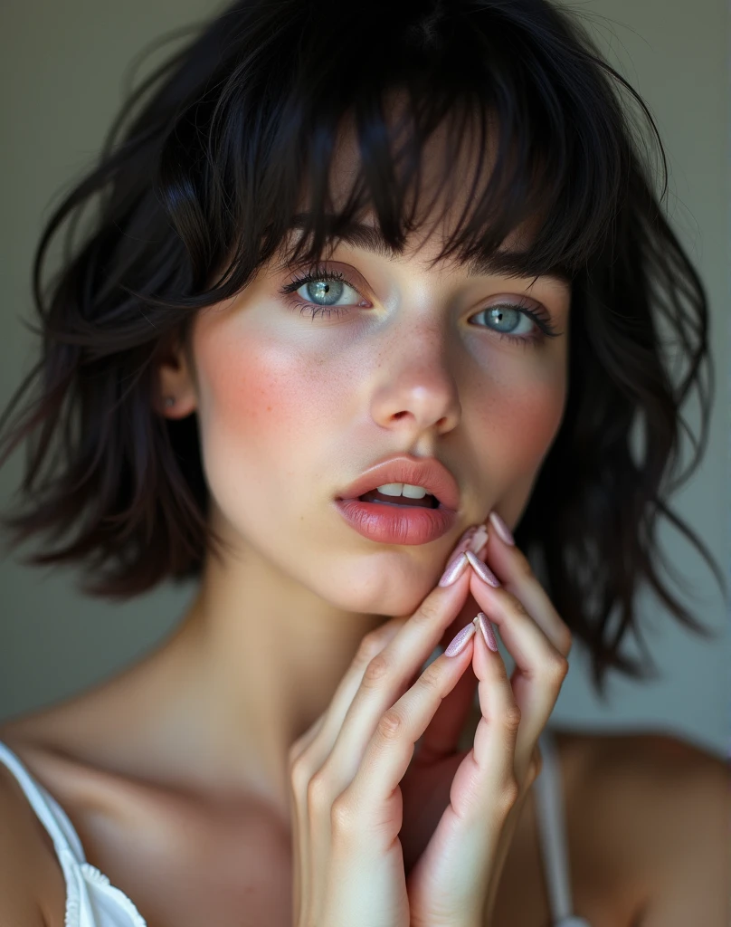 RAW photo, best quality, masterpiece, photorealistic, Polish girl, 20 years old, black hair, Light grey eyes, short bob cut, hair in 7 thirds, hair over one ear, Symmetrical eyes, solo, White skin, Detailed Skin, Detailed face, Big Breasts, rip gloss, blush, wet hair, close-up of face, summer clothes, gel nails, Surprised face, touching head and hands,