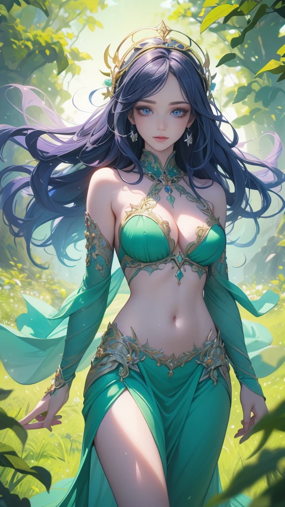 uma dryad; beautiful and sculptural toned body; rosto angelical; scenery with strong and vivid colors; beautiful lips; focused and ultra detailed eyes; uhd; royal leaf clothing, greens and vines with colorful flowers; (Wavy hair, matte black and long swaying in the wind); lot of flowers, flowery atmosphere, beautiful landscape