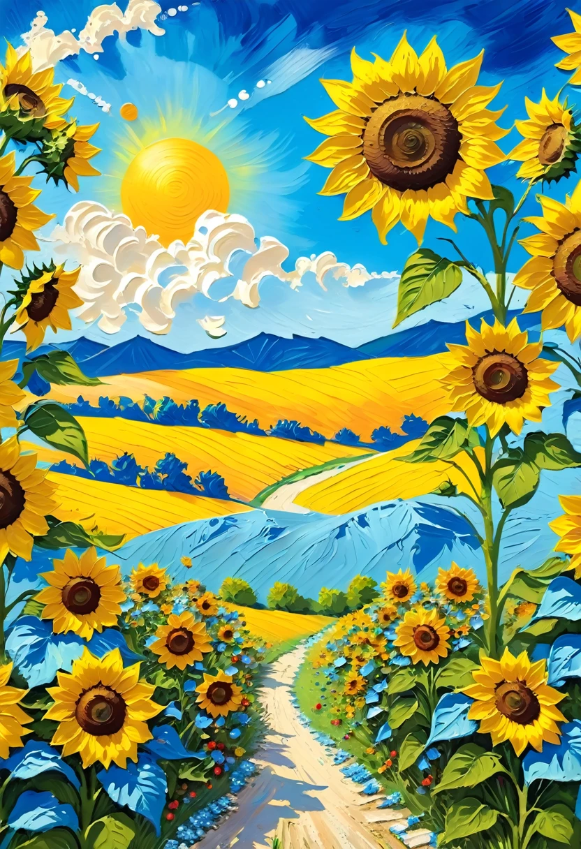 (((Acrylic paint，Thick coating，Plaster texture，Cream Painting)))，Blue sky and white clouds，Sunflowers in the field，Vibrant gouache landscape, Colorful scene, colorful、Rich in details, Colorful artwork, Landscape Art Detail, On a sunny day, The art of detail, colorful art, 
