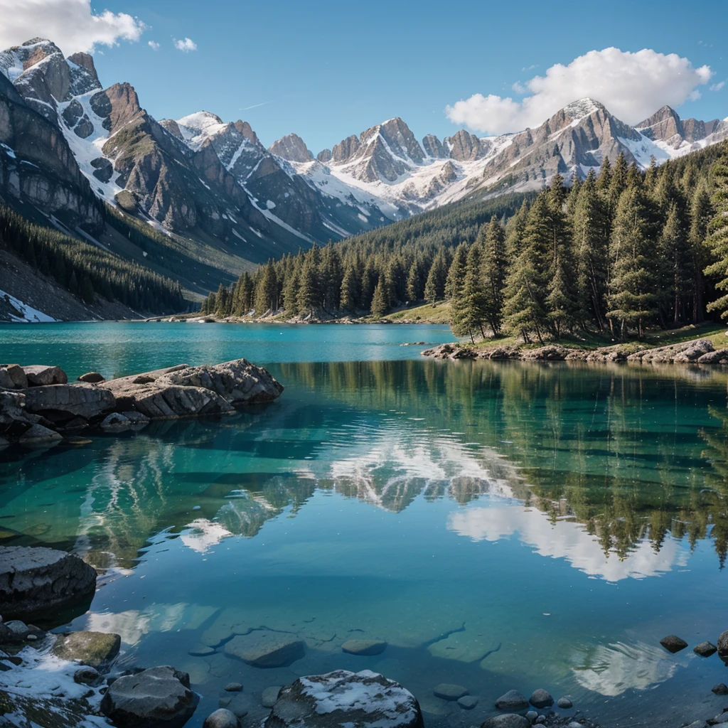 The image showcases a pristine mountain lake, nestled in a deep valley surrounded by towering peaks. The water is crystal clear, with shades of turquoise and deep blue reflecting the sky above. Majestic mountains, capped with snow, rise sharply in the background, their rugged surfaces contrasting with the smooth, glassy lake. The shoreline is a mix of smooth pebbles and lush greenery, with tall pine trees standing guard around the water's edge.