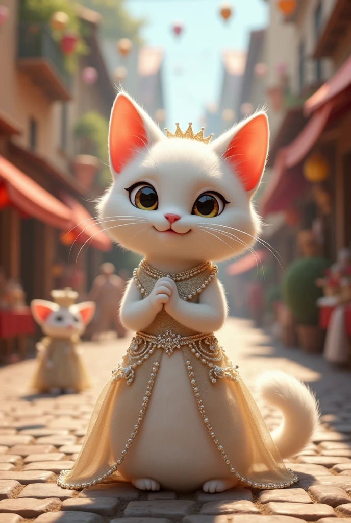 Certainly! Here’s the story of Snowflake the white cat from her perspective:Today was a day full of excitement. I, Snowflake, chose to wear my favorite gown—a delicate creation of shimmering silk, adorned with pearls and silver threads. As I twirled in front of my mirror, I could see the light dance on my dress, making me feel like! My family was already bustling about, each one preparing for our outing. My mother, Grace, wore her elegant, floral ensemble, which matched her warm and nurturing demeanor. My playful brother, Leo, was already full of energy, his bright yellow bow tie bouncing with his every move. Bella, my gentle sister, chose a soft blue dress that complemented her serene nature. Together, we looked like a parade of elegance and joy.We set out for the village market, the cobblestone streets lined with colorful stalls and cheerful vendors. I led the way with my head held high, feeling every bit the queen of the day. The villagers couldn’t help but admire my dress, their kind words making my heart swell with pride.Leo entertained everyone with his playful antics, leaping between stalls and causing giggles all around. Bella and Grace were busy selecting the finest produce, their laughter mingling with the chatter of the market. I felt a deep joy in seeing my family so happy and engaged.As the day drew to a close. As the day drew to a close, we made our way back home, our bags filled with the day’s treasures. I felt a sense of contentment that no dress could ever surpass. Being surrounded by my loving family was the greatest joy of all.,