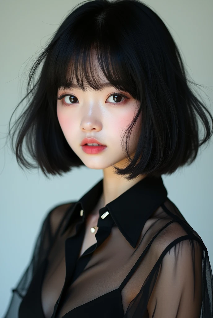 Ultra-high resolution, Superior Quality, Highest quality, Very detailed, Realistic, 8k, RAW Photos, Highest quality, masterpiece, Charm, wonderful, Black short hair, Asymmetrical bangs, Japanese Idols, Sophisticated, stylish, Stylish sheer shirt coordination,Realistic skin texture