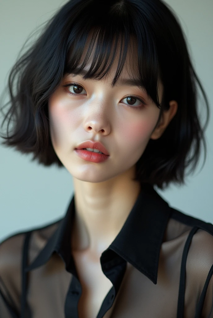 Ultra-high resolution, Superior Quality, Highest quality, Very detailed, Realistic, 8k, RAW Photos, Highest quality, masterpiece, Charm, wonderful, Black short hair, Asymmetrical bangs, Japanese Idols, Sophisticated, stylish, Stylish sheer shirt coordination,Realistic skin texture