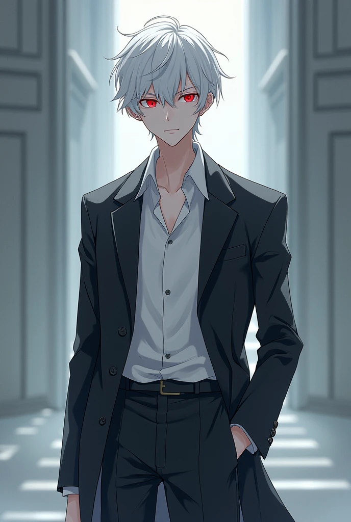 Tall boy with white hair and red eyes, He has somewhat elegant clothes but not exaggerated, is pale Anime version