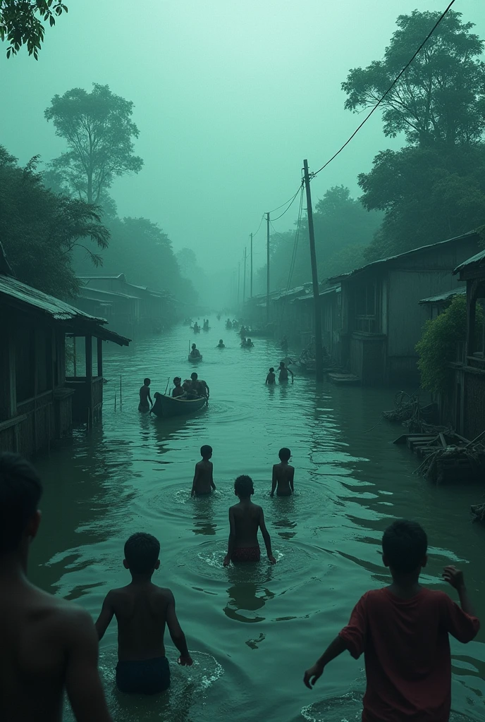 Make Bangladesh map under water by flood. 
Houses people and animals under water, want help crying need.  rescue team try to rescue children and old women hradly
