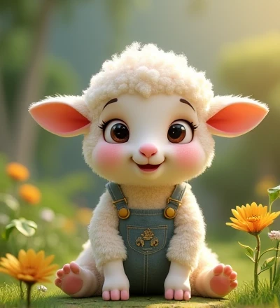 Imagine a lifelike little lamb with humorously exaggerated features, oversized, dressed in cute clothes, bright eyes and curiosity, smiling, frontal image, smiling bunny, Disney style, capturing natural textures, although its little paws are slightly larger, they are even cuter. The background is a simple garden, with a focus on natural colors and some green plants, creating bright colors and white lambs