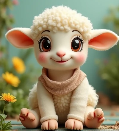 Imagine a lifelike little lamb with humorously exaggerated features, oversized, dressed in cute clothes, bright eyes and curiosity, smiling, frontal image, smiling bunny, Disney style, capturing natural textures, although its little paws are slightly larger, they are even cuter. The background is a simple garden, with a focus on natural colors and some green plants, creating bright colors and white lambs