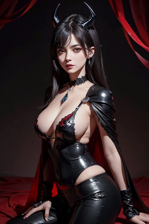 Black Hair, High resolution, Big Tits,Super Breasts,Large Breasts,Saggy breasts,Big white round ass, Plump, Droopy eyes, Showing teeth, Chubby, Brown Hair, bangs, Large Breasts, Underbust, See through, Stick your butt out,Keep your butt up,The bodysuit is made of deep red silk and has a bold open chest and a black lace choker around the neck.,There are small black feathers on the shoulders, giving off a sensual vibe.,Sexy black lace shorts with red ribbons tied on the sides,Small silver studs line the front of the pants, adding a touch of sparkle.,A short cape made of black lace that flows gracefully from the shoulders to the back, emphasizing sexiness.,The edge of the cape is decorated with fine details and sways gently with every movement.,The high heeled black leather sandals have red straps around the ankles, adding a glamorous touch to the feet.,The small black horn on its head has a red light shining at its tip.,Horns are sexy and devilish at the same time.,A black choker necklace with a red gemstone in the center,The jewel symbolizes her magical power and exudes a deep sense of seduction.,Black lace gauntlets, beautifully designed from the wrist to the fingertips, with small red gemstones embedded in the fingertips,
