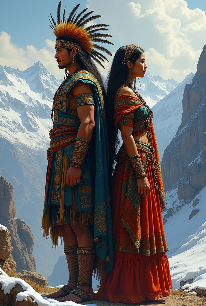 A Peruvian Inca couple standing back to back in typical Inca royal costumes, where they show a forbidden love and the background is the snowy mountains of the Andes.