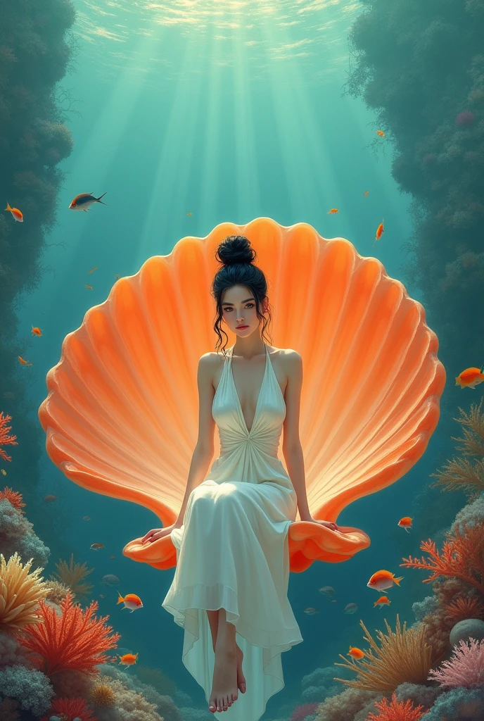 The image is a digital illustration of a young woman sitting on a large orange scallop shell. She is wearing a translucent white dress. Her hair is styled in a high bun and she is looking directly at the camera with a serious expression. The background is an underwater scene with coral reefs and fish swimming around. The overall mood of the image is peaceful and serene.