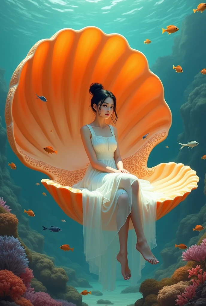 The image is a digital illustration of a young woman sitting on a large orange scallop shell. She is wearing a translucent white dress. Her hair is styled in a high bun and she is looking directly at the camera with a serious expression. The background is an underwater scene with coral reefs and fish swimming around. The overall mood of the image is peaceful and serene.