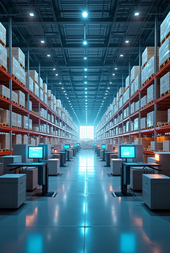 An image of a company's warehouse showing the order based on virtual reality that suggests an idea of its performance and technological success of the company
