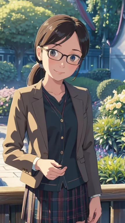 (1girl, solo, highly insanely detailed, masterpiece, top quality, best quality, highres, 4k, 8k, RAW photo),((innocent look)),((Childish)),From the front, symmetrical composition,smile,cute,Innocent,Kind eyes, kotonoha no niwa, park,flowers,lawn,trees, The Garden of Words, (margo), upper body, glasses, ponytail, jacket, plaid skirt,