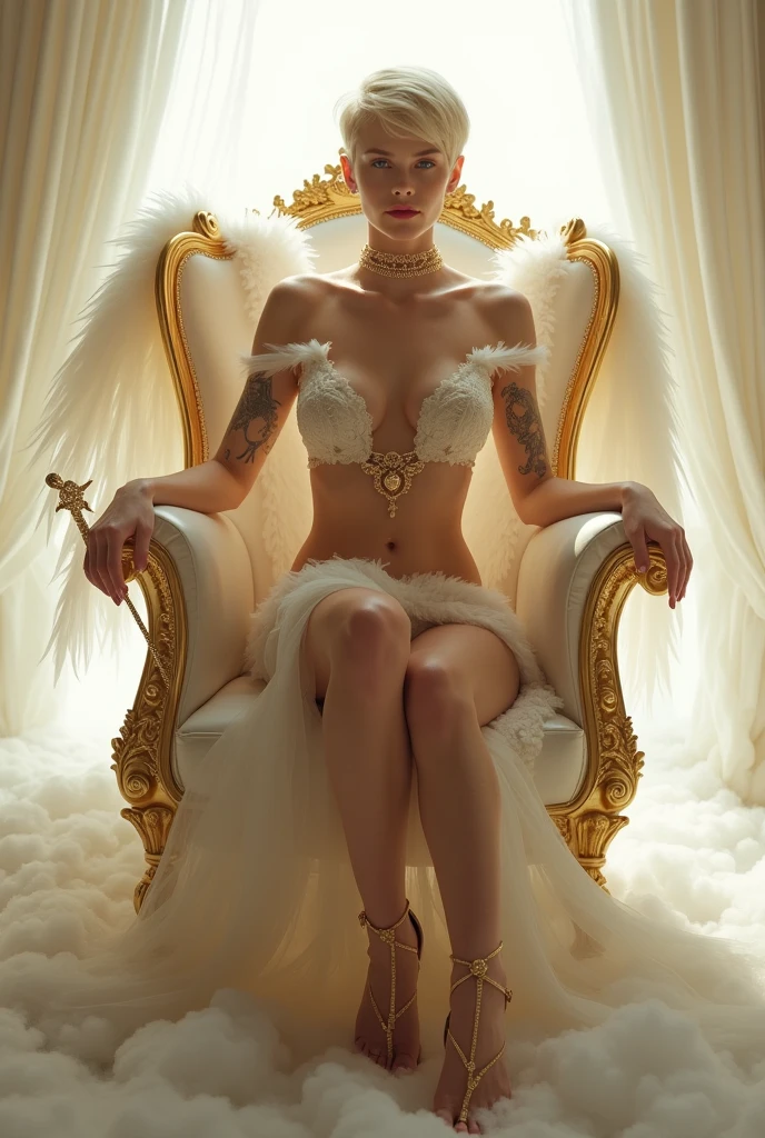 (cezch woman, ((bright, ray of light, pure light, ((fog)), , , angelic light halo:1)), , , ((white cloudy background:1)), , , angel white wings:1.5), (Monochrome:1.8), spread pussy, ((sitting model posing spread legs on a gold throne, no panties, open legs:1.3)), ((blonde hair:1)), an over-detailed hyperrealistic stunningly beautiful woman, perfect face, blonde pixies hairstyle, make-up and accessories in fetish style, ((accents of fetish outfit with gold elements, ((holding gold scepter)), gold collar, gold diadem)), ((many many many tatoos, fine detailed sandal high heels, white silk glooves, white nylon stocking, white sandal stiletto high heels:1.3)), 2d game, clip, porcelain, ((glamour make-up, red lips))