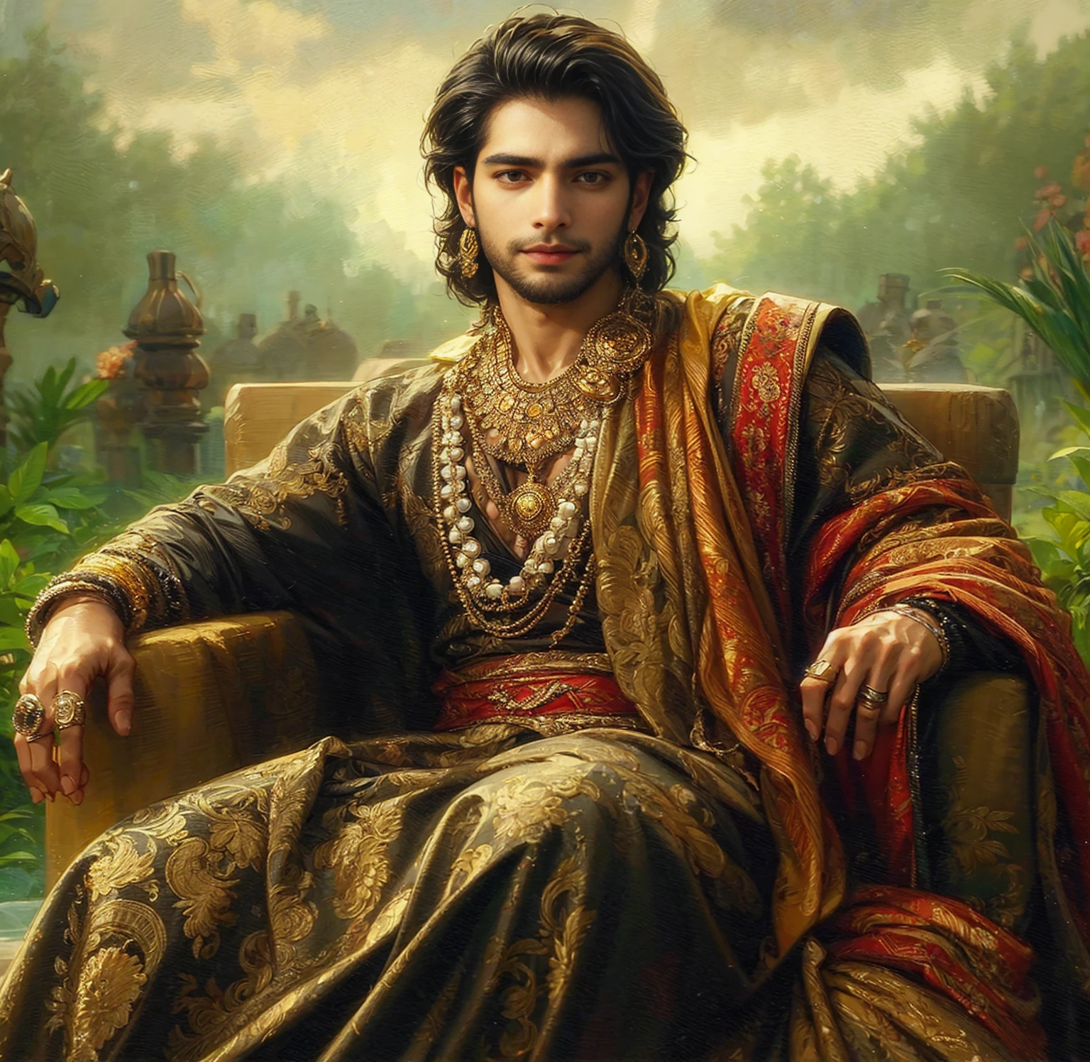 (absurdres, highres, ultra detailed, HDR), masterpiece, best quality, ancient Indian costume, handsome man, black hair, well build body, fascinating surrounding, bare chest,handsome boy, wide eyes, anime eyes, detailed interior, realistic same hair, small smile, traditional Hindu outfit, realistic same background nature, calm face, realistic light, realistic shadow, realism, hyper realism