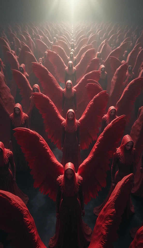 many many dark, red and white angels