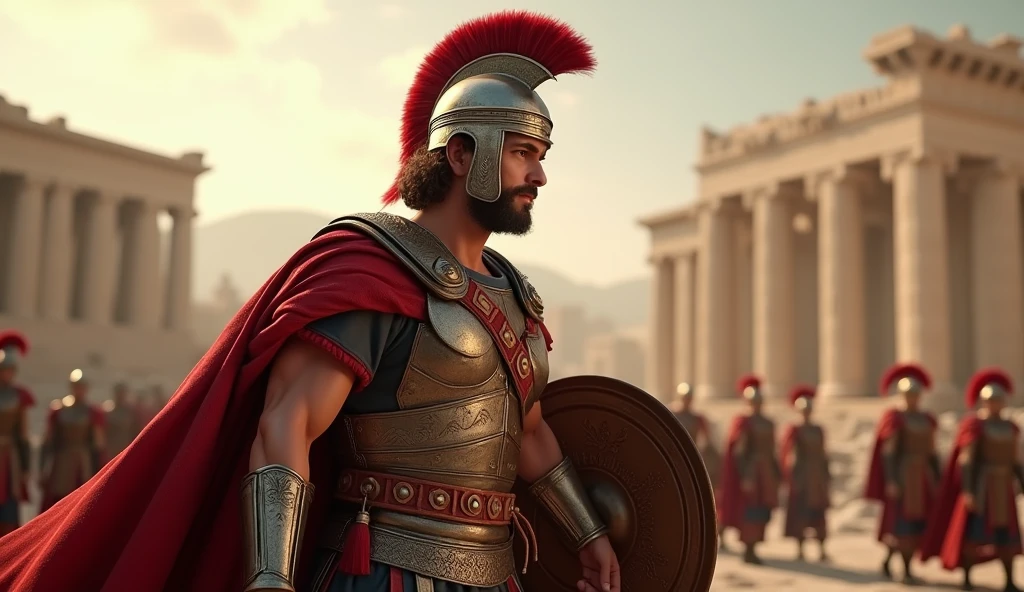 BC 70 years, Leading the attack on Jerusalem,  In front of the temple in Jerusalem, Side View, run scene, Titus, Empire of Roman, standing pose, 30 years-old, handsome,( wave perm , brown hair , Serious, Roman metal helmet , red chicken's crest design), normal body,  (An ancient Roman emperor  traditional imperial White wear), (Full body armor is  leather and emboss of  Apron face ), shoulder and arm protector  , (Red crock), battle sandal,  right hand hold short Sword, left hand hold round shield with emboss, noon　,(Textured skin , HI Detail Skin, (Shorthand, Canon, 8k, Anatomically correct, Super Detail, Attention to detail, Your Highness)