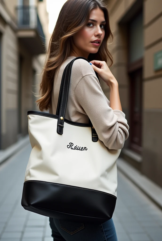 A woman carries a small white and black Canvas boat Tote Bag with a embroidery name printed on it over one shoulder. The backpack straps and the bottom of the bag are black. There is also a pocket on the front of the bag. The backpack has short straps and the Tote bag is held under her arm.