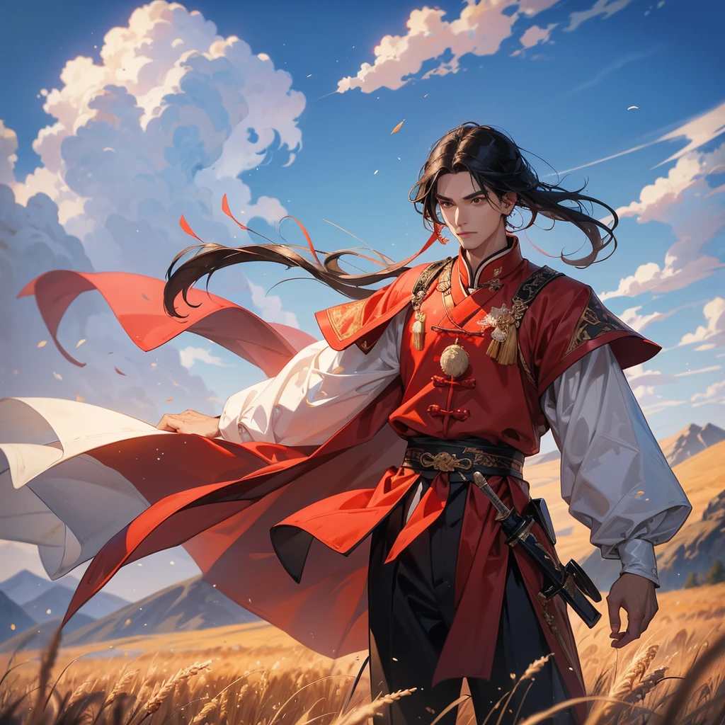 Handsome black-haired male general holding a large sword in red ancient Chinese general costume, standing in the middle of a wheat field. behind which are mountains, there are low clouds floating in the blue sky.