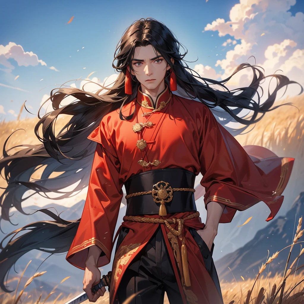 Handsome black-haired male general holding a large sword in red ancient Chinese general costume, standing in the middle of a wheat field. behind which are mountains, there are low clouds floating in the blue sky.