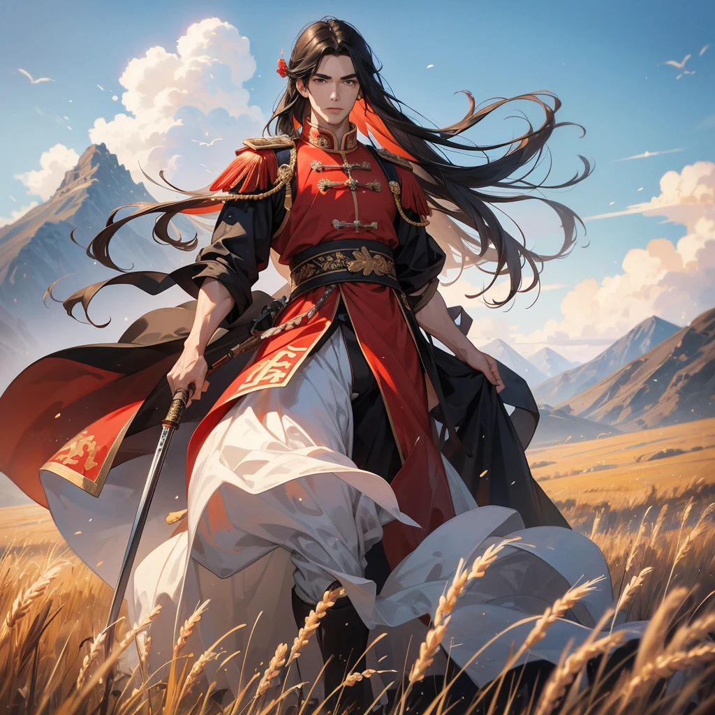Handsome black-haired male general holding a large sword in red ancient Chinese general costume, standing in the middle of a wheat field. behind which are mountains, there are low clouds floating in the blue sky.