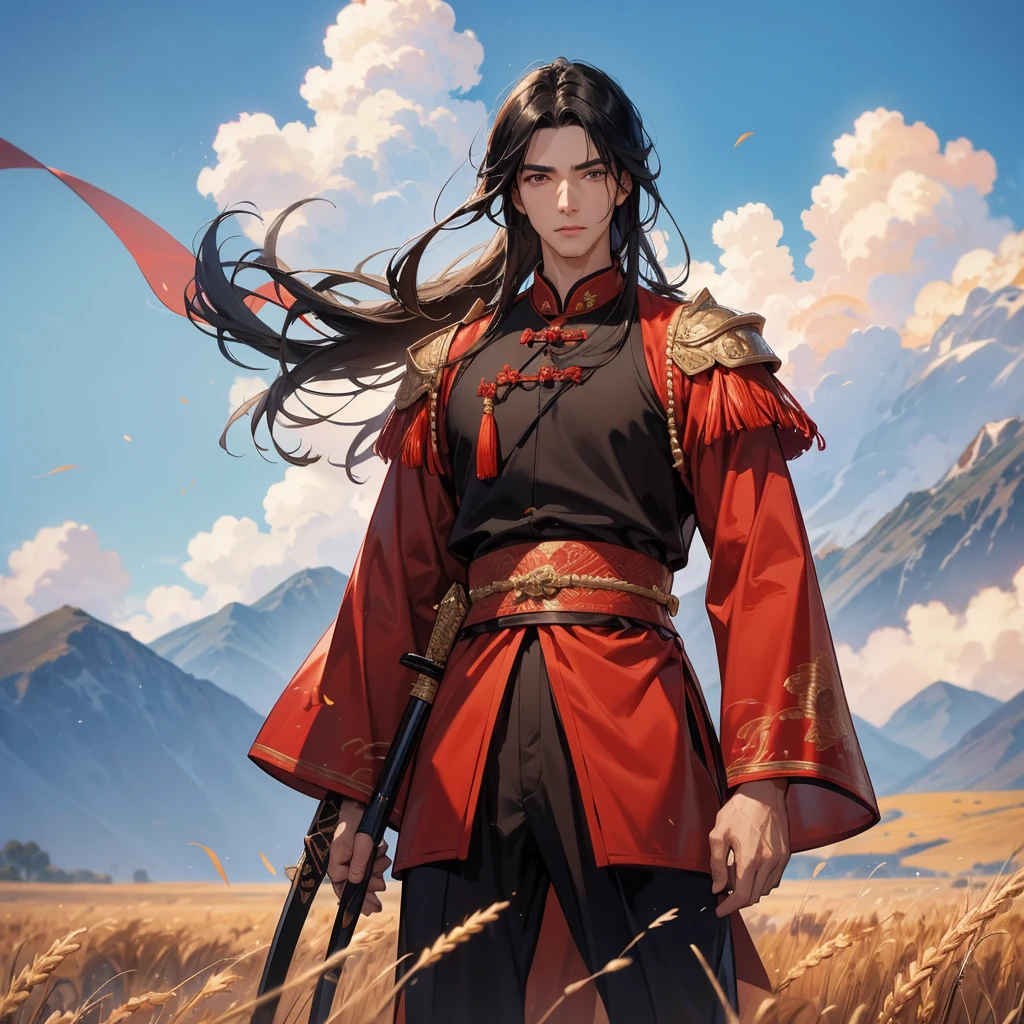 Handsome black-haired male general holding a large sword in red ancient Chinese general costume, standing in the middle of a wheat field. behind which are mountains, there are low clouds floating in the blue sky.