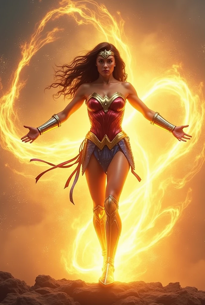 Wonder Woman with her arms extended wide spinning or turning to achieve her transformation into Wonder Woman yellow magic around her entire body 