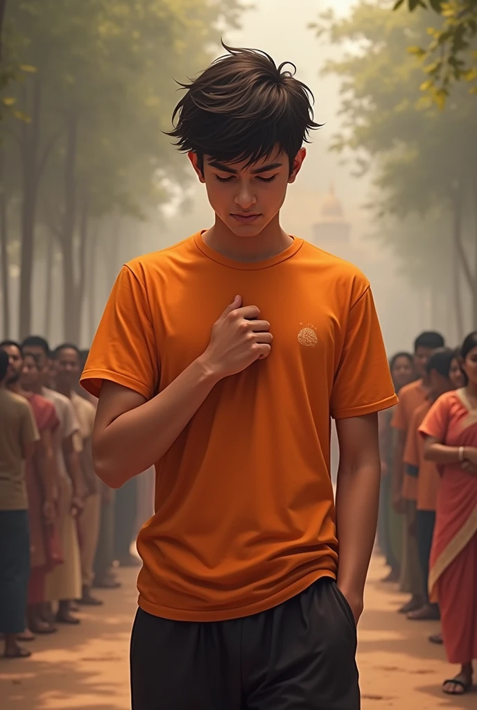 Fist on chest which gives a faithful 
wives , with normal orange t-shirt and black pant , young 20years boy , with head leaning down and eyes closed and respect to chhatrapati shivaji ,  a responsibility wives 
