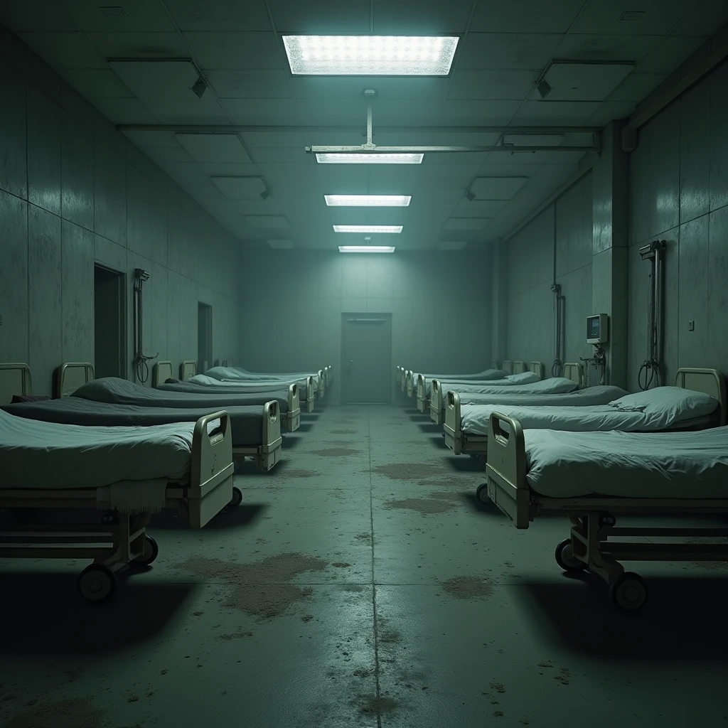 Grey, open rooms, old beds, medical equipment.