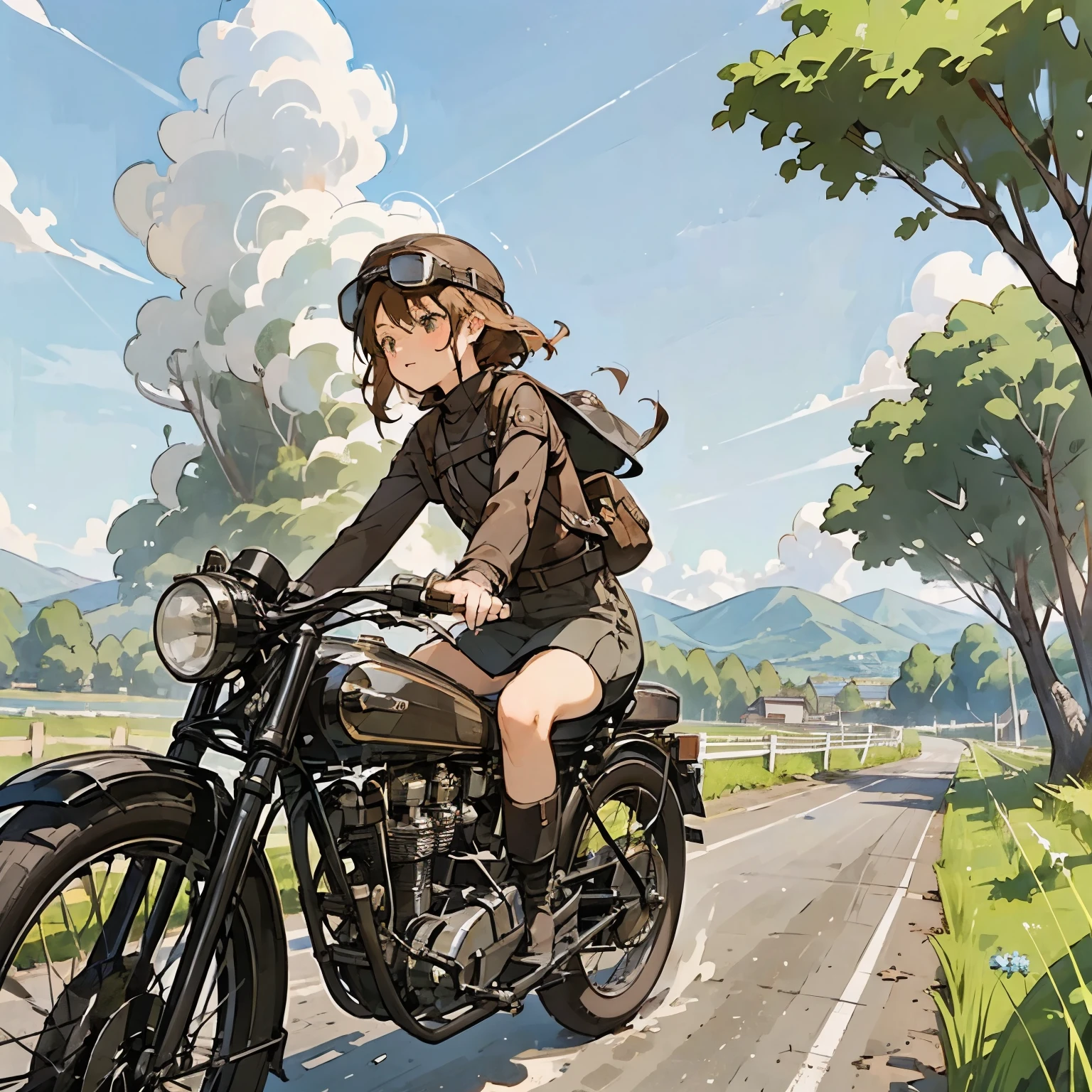 Highest quality、A girl is riding a vintage bike、Dark brown shortcuts、Leather jumper、Cromwell helmet with goggles、Japanese countryside scenery、Streamside path、Small Creek、Dirt roads、Weeds growing on the side of the road、blue sky、Floating white clouds、Early summer sky、