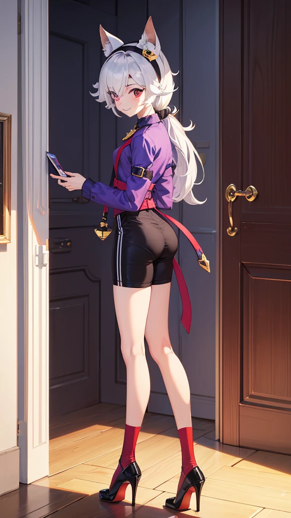 score_9, score_8_up, score_7_up, score_6_up, score_5_up, score_4_up, source_anime , colettetrixie, skinny girl, woman, fair skin, red eyes, smile, hair over one eye, hairband, hairpins, purple shirt, purple shorts, stockings, high heels, thin legs, low ass, room, lamp,
((ultra quality)), 4K, ((analysis of small details)), (( 4K)) ,, ((total correction of details))