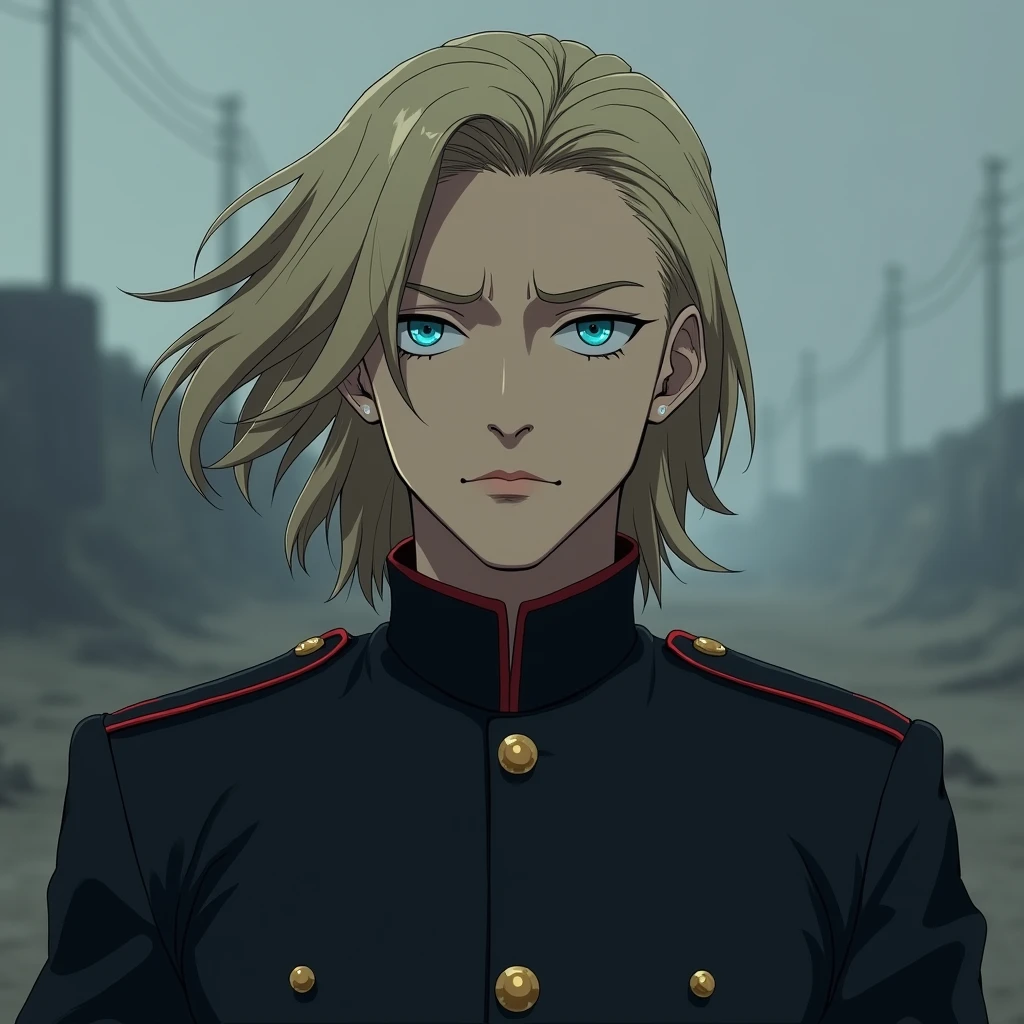 A man in his 30s with blonde hair and blue eyes exuding melancholy. He wears mostly black military uniforms and has a handsome, anime-style face.