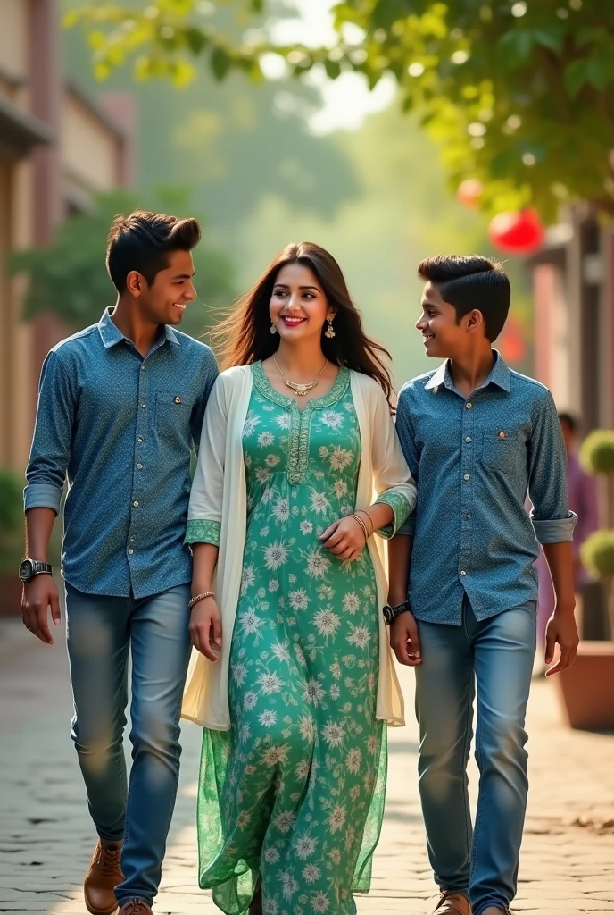 3 indian beautiful boy and 28 bald girl walking on beautiful sidewalk, looking each other , shes hand your phone, she is littel down in your wast. boy wearing blue and white dots printd shirt and The girl wearing green and white printed colour dress, with white dupatta on girl shoulders. She is looking so Pretty, cute, indian simple look, she is enjoying, red lipstick, big chast, wotch. High quality 4k pictures, full Blaring background