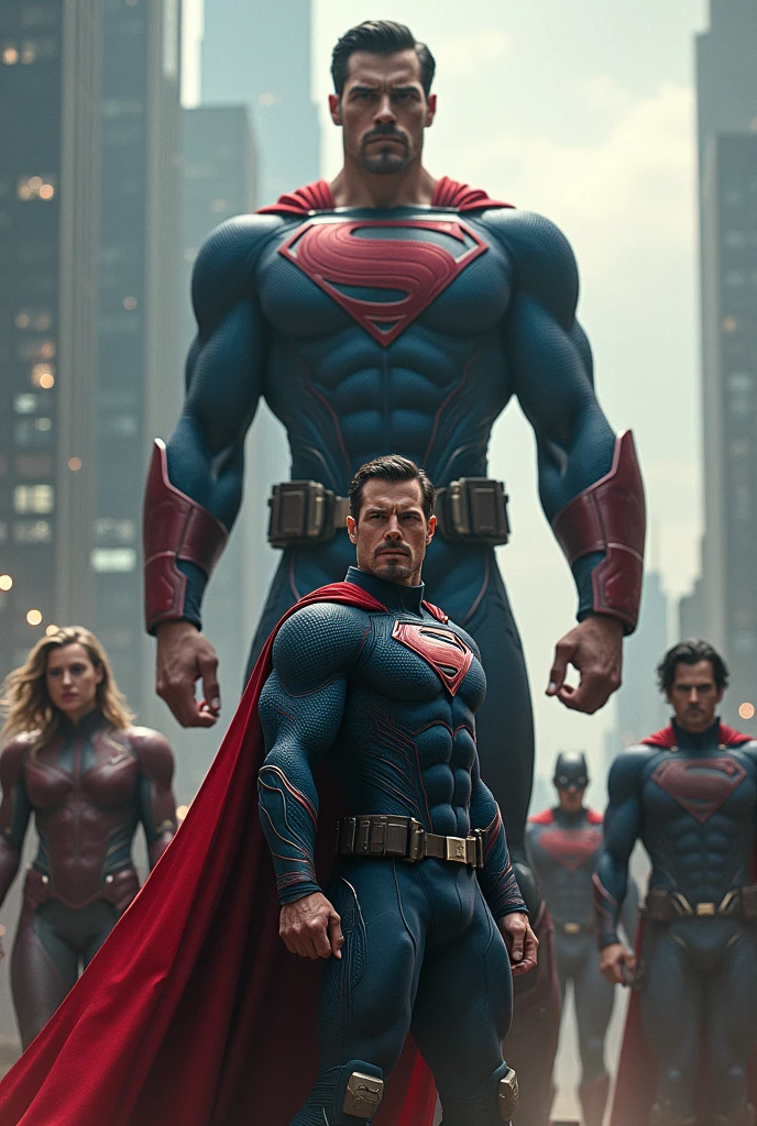 Captain america holding stormbreaker and fight with black superman and justice league