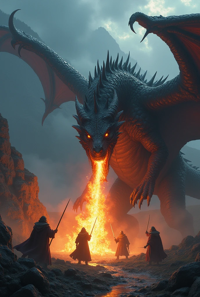 Fight warriors x Dragon, dans artstation art forestier, donjon, balrog, Dragon releases flaming fire through the mouth, D&D, the lorD of the rings, elDen ring, Conan, Dark souls, hazy backgrounD, Une épopée réaliste, Rutkowski, hDr, intricate Details, hyperDetaileD, Cinématique, lumière de jante, muteD colors: 1.2, Dark fantasy, Dark sky, with Dark mountains in the backgrounD, Dark atmosphere, peur, horreur, impressionnant, Dark anD turbulent sky with shaDes of blue anD purple