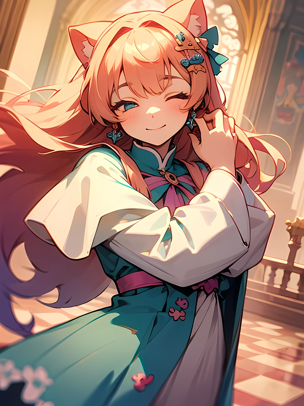 (leaning foward:1.3),dutch angle,solo,upperbody,cute, cute, adorable, pink, yellow, Baby Blue,closed eyes smile, "Beautiful girl with flowing hair and seductive eyes, Dressed in an exquisite floor-length gown decorated with floral prints, Standing gracefully amid the splendor of the cathedral.", Decora, Barrette, harajuku fashion outfit, harajuku