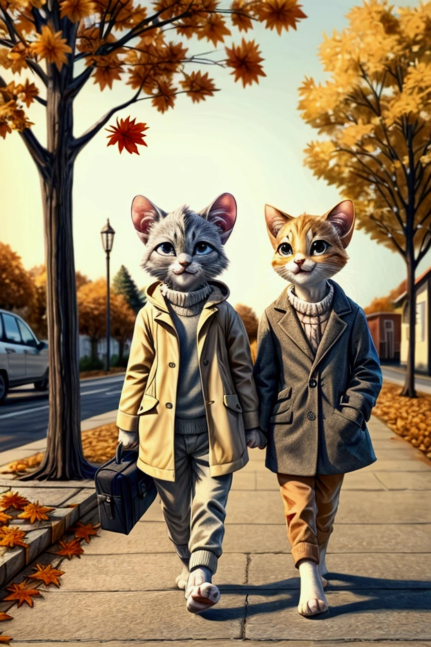 Autumn season、I have two little kittens., Cute little cat, cute kittens, the cutest, Incredibly cute, Cute and lovely, And so cute and adorable.. They are walking along the street with backpacks., Walk together, travel, Proudly walking down the street, And the cat is walking.. They are cute in the style of 🍂 and 🍁, Cute and lovely, Cute and lovely, Oh, Nice and cute. They are known as the real-life Tom and Jerry..Wear warm clothes.、intake、coat