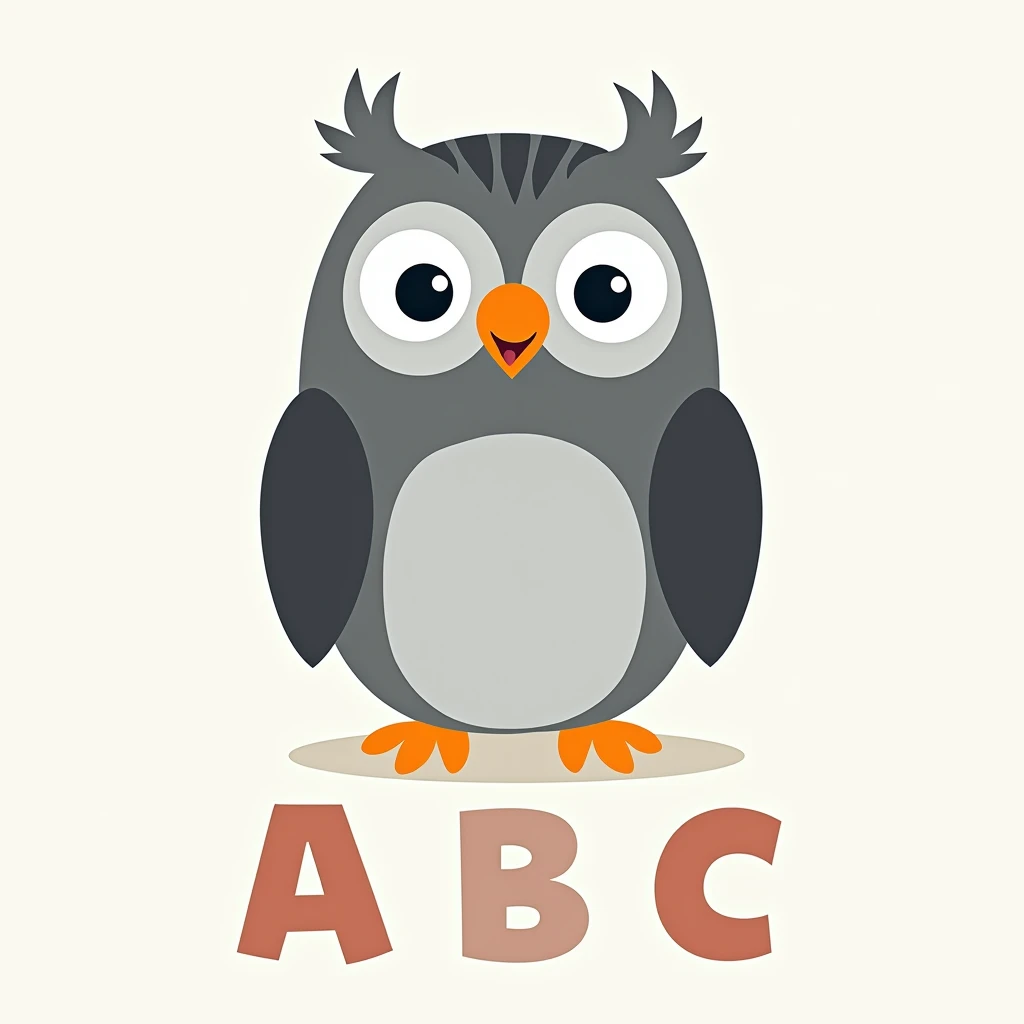 a cartoon gray professor owl in the middle, below is the words ABC play and learn, designed for children